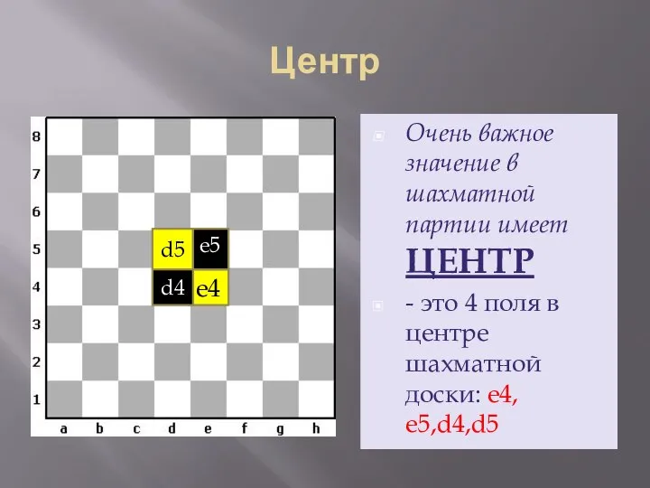 Центр Очень важное значение в шахматной партии имеет ЦЕНТР - это