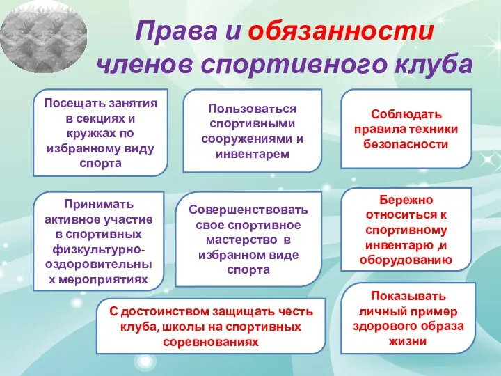 Права и обязанности членов спортивного клуба Посещать занятия в секциях и