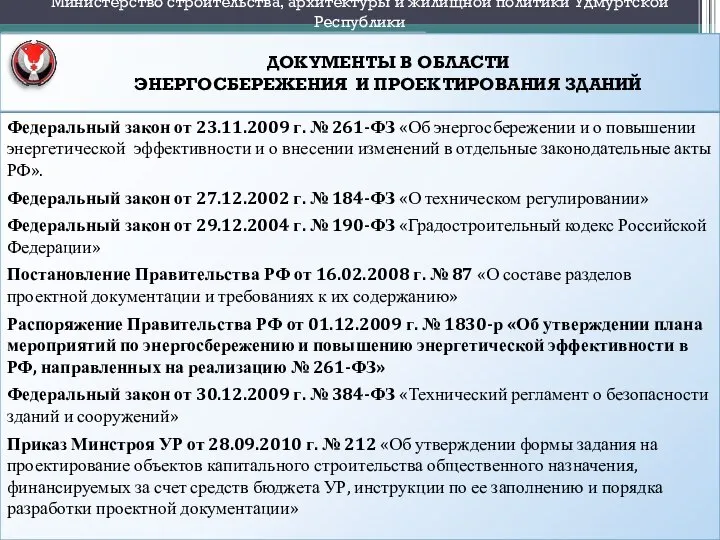 ДОКУМЕНТЫ В ОБЛАСТИ ЭНЕРГОСБЕРЕЖЕНИЯ И ПРОЕКТИРОВАНИЯ ЗДАНИЙ Министерство строительства, архитектуры и