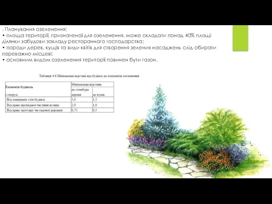 . Планування озеленення: • площа території, призначеної для озеленення, може складати