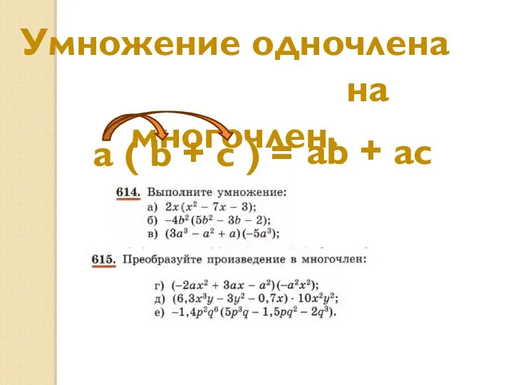 Умножение одночлена на многочлен. a ( b + c ) = ab + ac