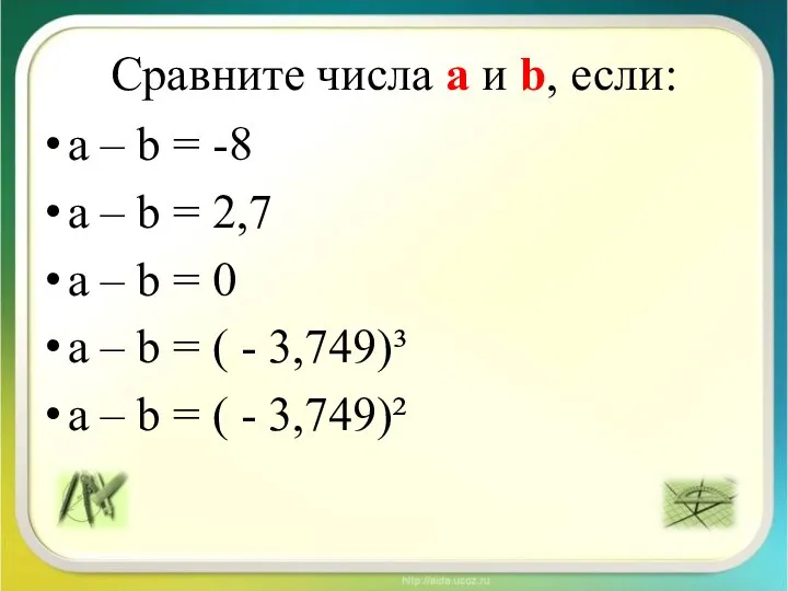 Сравните числа а и b, если: a – b = -8