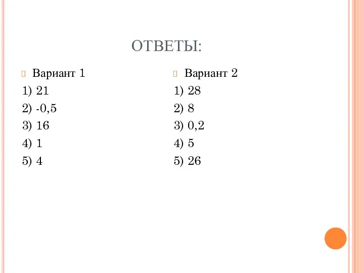 ОТВЕТЫ: Вариант 1 1) 21 2) -0,5 3) 16 4) 1