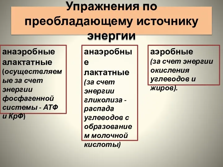 Упражнения по преобладающему источнику энергии аэробные (за счет энергии окисления углеводов