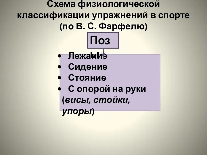 Схема физиологической классификации упражнений в спорте (по В. С. Фарфелю) Лежание