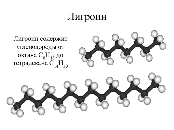 Лигроин Лигроин содержит углеводороды от октана C8H18 до тетрадекана С14Н30