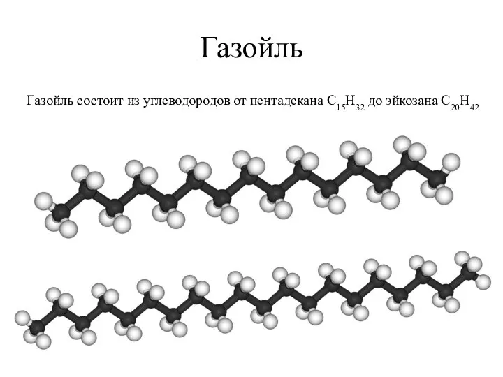 Газойль Газойль состоит из углеводородов от пентадекана C15H32 до эйкозана С20Н42