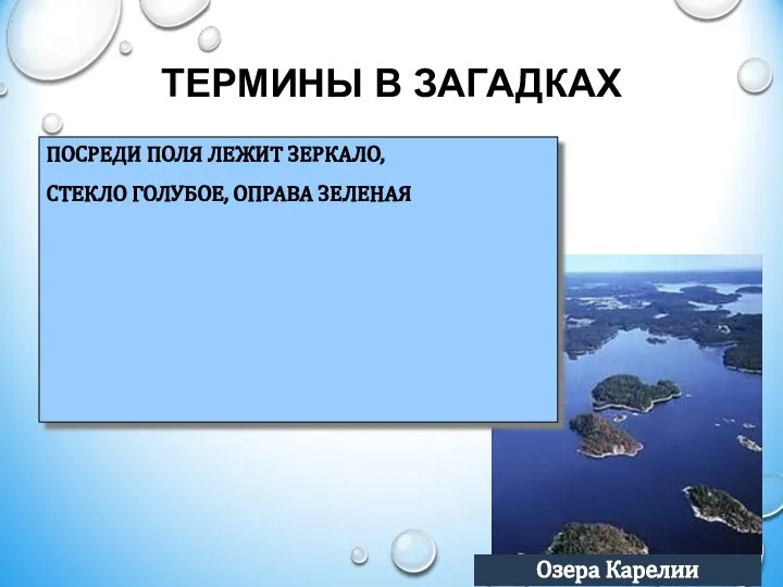 ТЕРМИНЫ В ЗАГАДКАХ ПОСРЕДИ ПОЛЯ ЛЕЖИТ ЗЕРКАЛО, СТЕКЛО ГОЛУБОЕ, ОПРАВА ЗЕЛЕНАЯ Озера Карелии