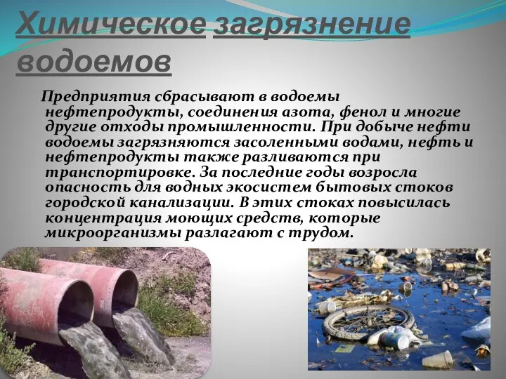 Химическое загрязнение водоемов Предприятия сбрасывают в водоемы нефтепродукты, соединения азота, фенол