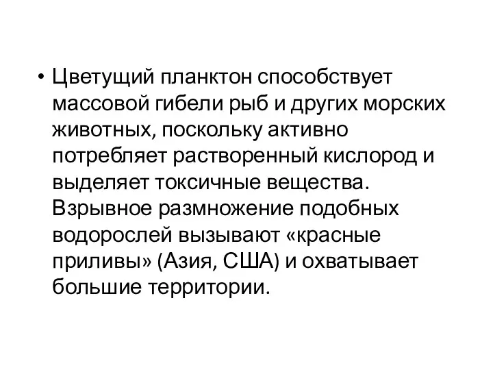 Цветущий планктон способствует массовой гибели рыб и других морских животных, поскольку