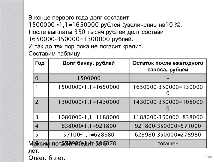 В конце первого года долг составит 1500000 ▪1,1=1650000 рублей (увеличение на10