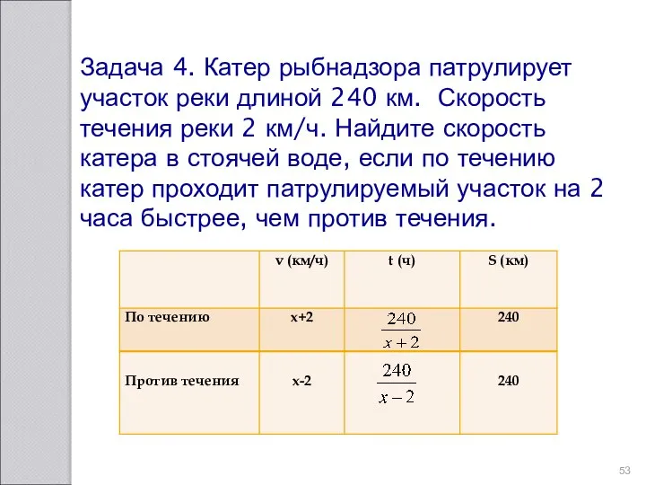 Задача 4. Катер рыбнадзора патрулирует участок реки длиной 240 км. Скорость