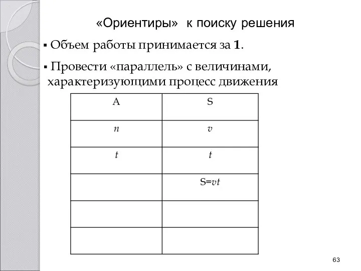 «Ориентиры» к поиску решения Объем работы принимается за 1. Провести «параллель» с величинами, характеризующими процесс движения