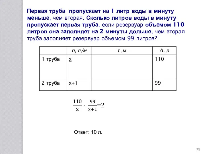 Первая труба пропускает на 1 литр воды в минуту меньше, чем