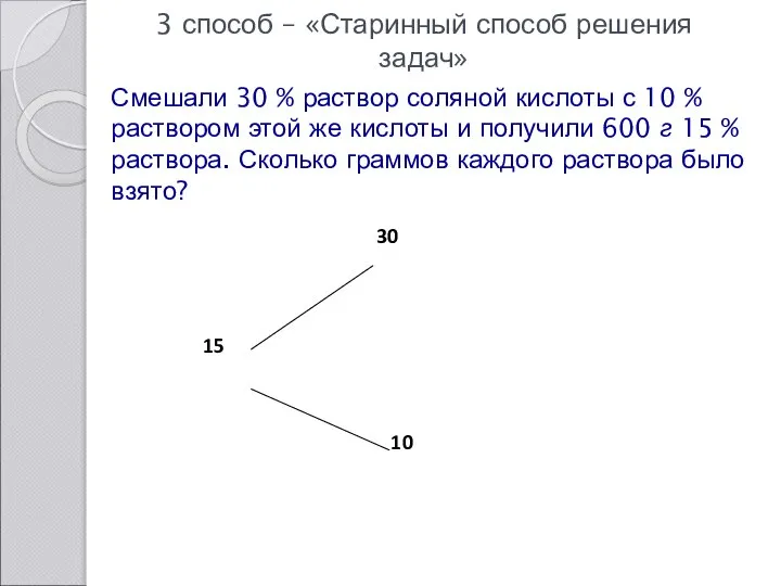 3 способ – «Старинный способ решения задач» Смешали 30 % раствор