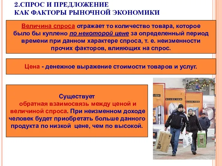 2.СПРОС И ПРЕДЛОЖЕНИЕ КАК ФАКТОРЫ РЫНОЧНОЙ ЭКОНОМИКИ Величина спроса отражает то