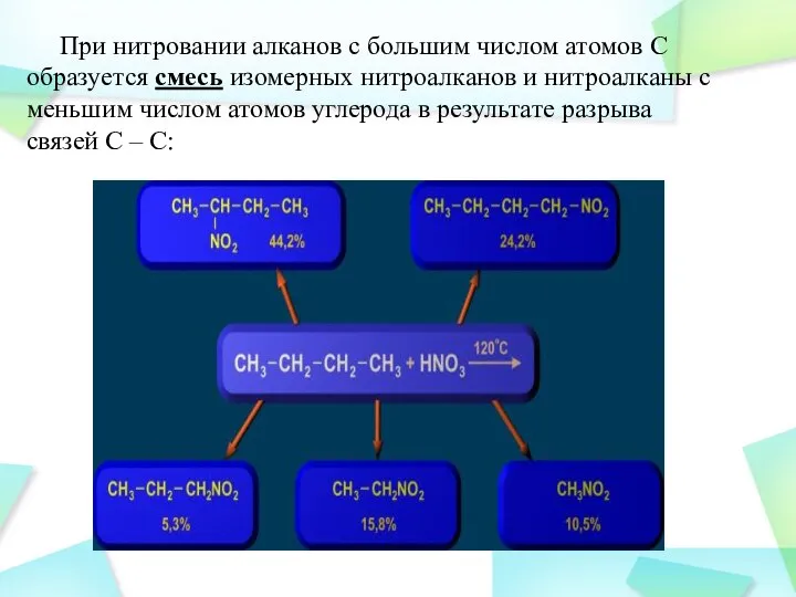 При нитровании алканов с большим числом атомов С образуется смесь изомерных