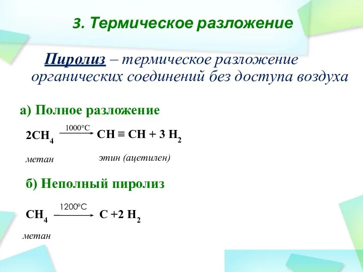 а) Полное разложение б) Неполный пиролиз 2CH4 этин (ацетилен) метан 1000°C