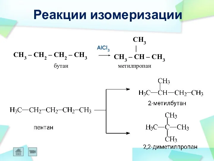 Реакции изомеризации AlCl3 CH3 | CH3 – CH – CH3 CH3