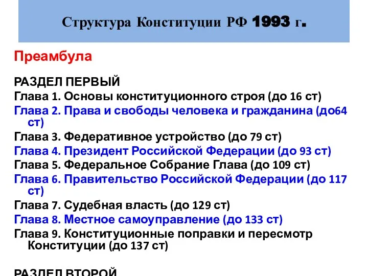 Структура Конституции РФ 1993 г. Преамбула РАЗДЕЛ ПЕРВЫЙ Глава 1. Основы