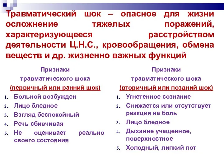 Травматический шок – опасное для жизни осложнение тяжелых поражений, характеризующееся расстройством