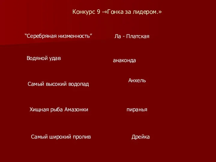 Конкурс 9 -«Гонка за лидером.» “Серебряная низменность” Ла - Платская Водяной