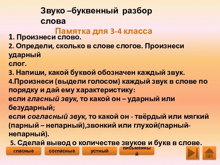 Звуко –буквенный разбор слова Памятка для 3-4 класса 1. Произнеси слово.