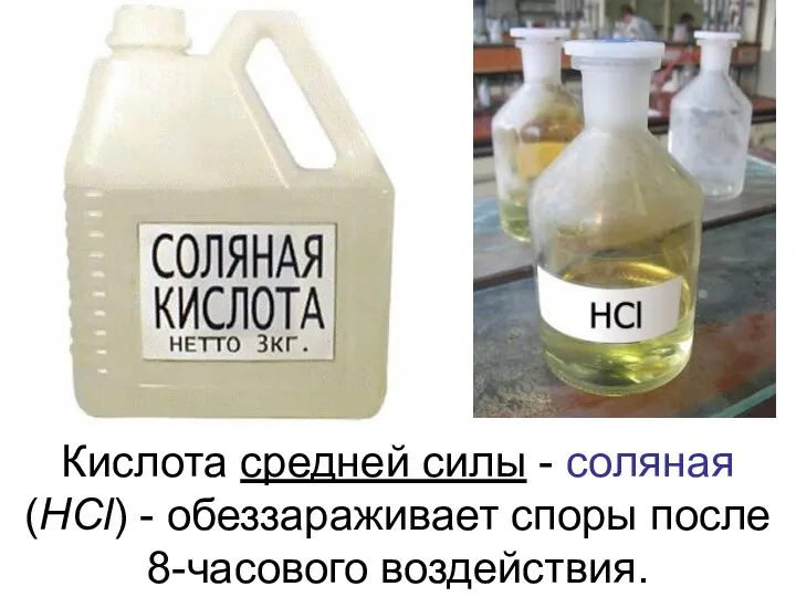 Кислота средней силы - соляная (HCl) - обеззараживает споры после 8-часового воздействия.