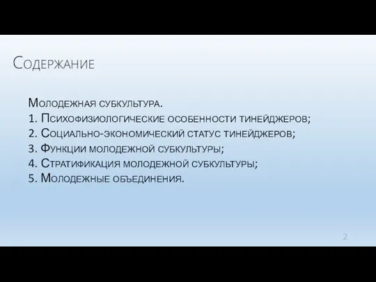 Содержание Молодежная субкультура. 1. Психофизиологические особенности тинейджеров; 2. Социально-экономический статус тинейджеров;