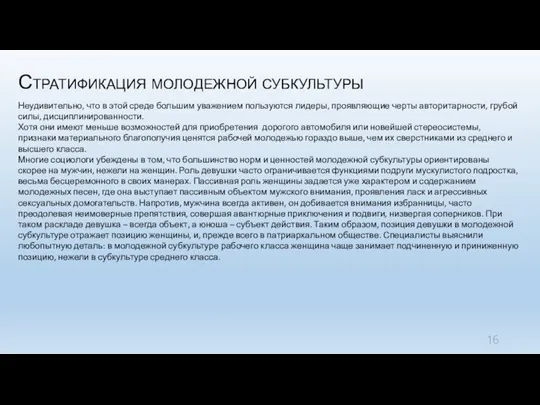 Стратификация молодежной субкультуры Неудивительно, что в этой среде большим уважением пользуются