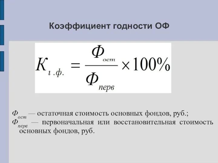 Коэффициент годности ОФ Фост — остаточная стоимость основных фондов, руб.; Фперв