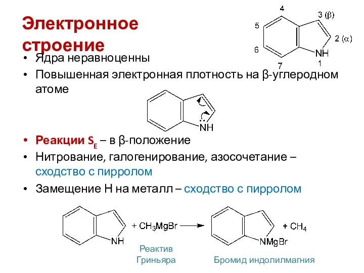 Электронное строение Ядра неравноценны Повышенная электронная плотность на β-углеродном атоме Реакции