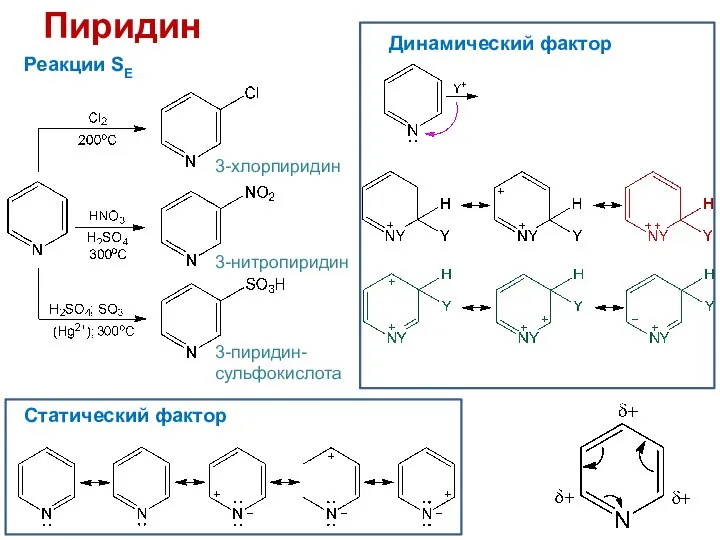 Пиридин Реакции SE 3-хлорпиридин 3-нитропиридин 3-пиридин-сульфокислота Статический фактор Динамический фактор
