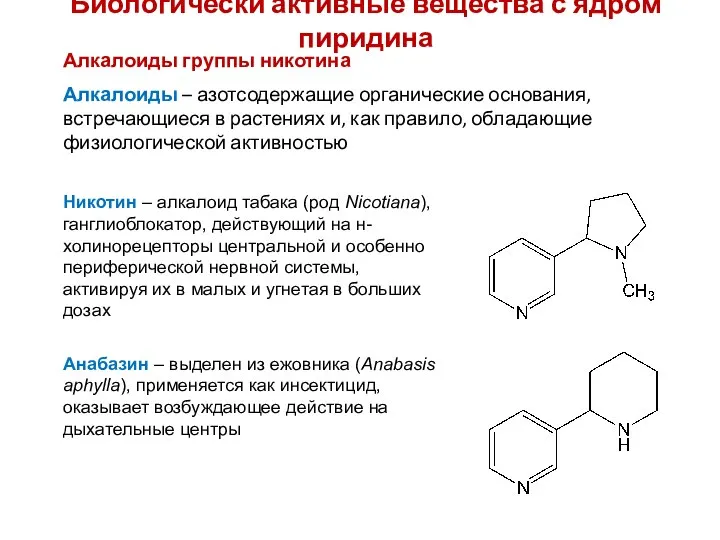 Биологически активные вещества с ядром пиридина Алкалоиды группы никотина Алкалоиды –