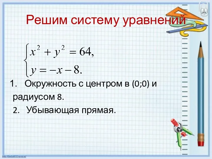 Решим систему уравнений Окружность с центром в (0;0) и радиусом 8. 2. Убывающая прямая.