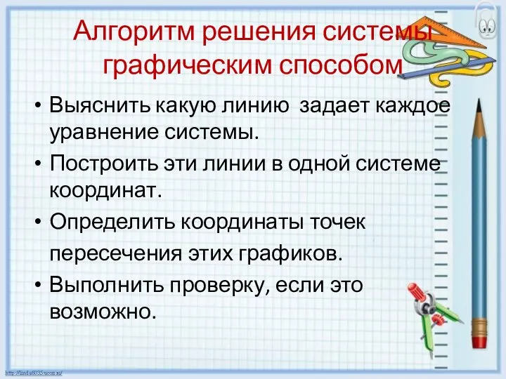 Алгоритм решения системы графическим способом Выяснить какую линию задает каждое уравнение