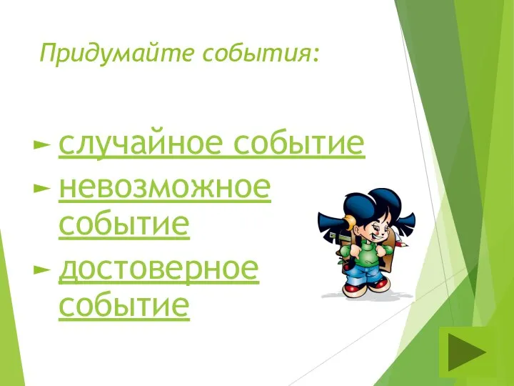 Придумайте события: случайное событие невозможное событие достоверное событие