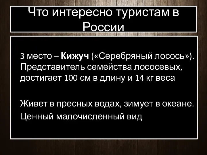 Что интересно туристам в России 3 место – Кижуч («Серебряный лосось»).