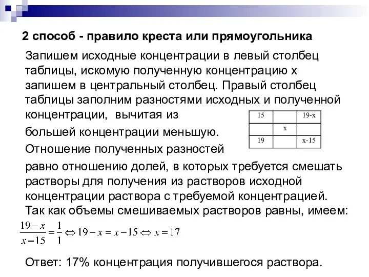 2 способ - правило креста или прямоугольника Запишем исходные концентрации в