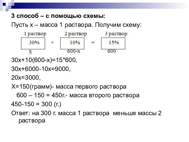 3 способ – с помощью схемы: Пусть x – масса 1