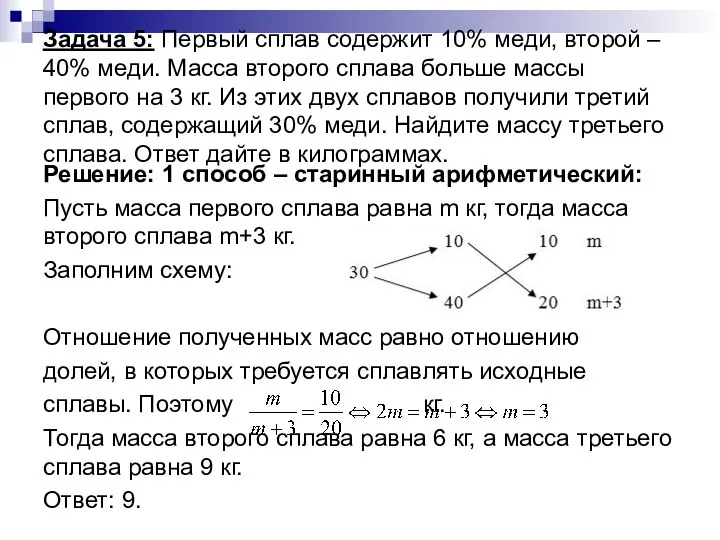 Задача 5: Первый сплав содержит 10% меди, второй – 40% меди.