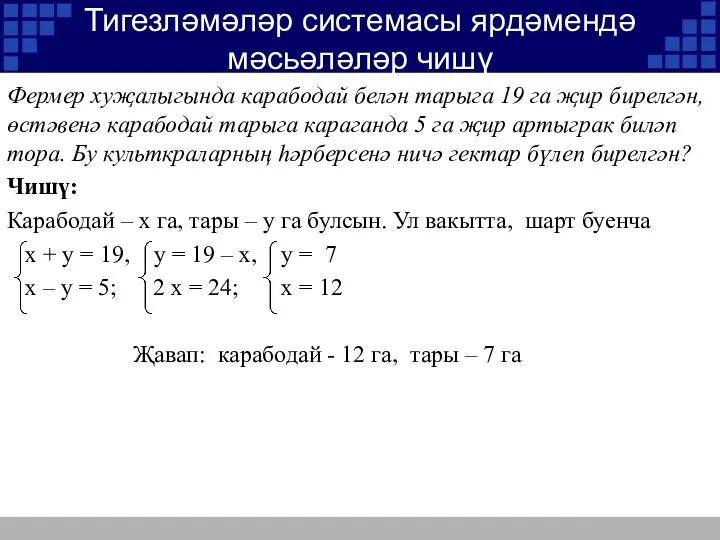 Тигезләмәләр системасы ярдәмендә мәсьәләләр чишү Фермер хуҗалыгында карабодай белән тарыга 19