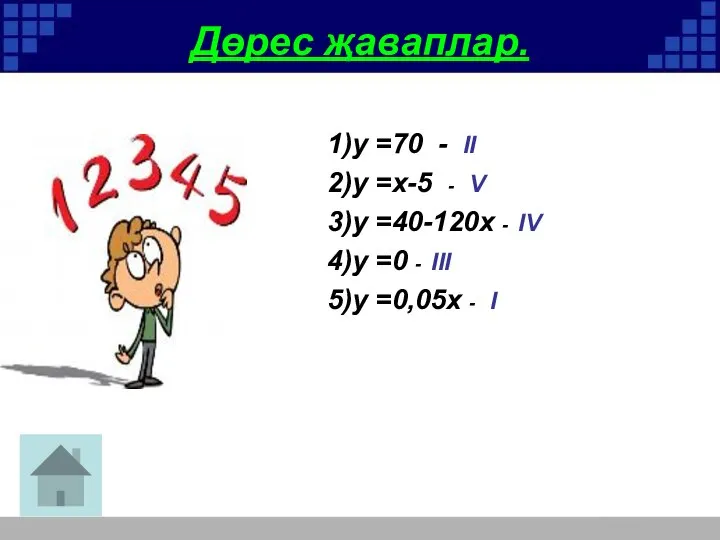 Дөрес җаваплар. 1)у =70 - II 2)у =x-5 - V 3)у