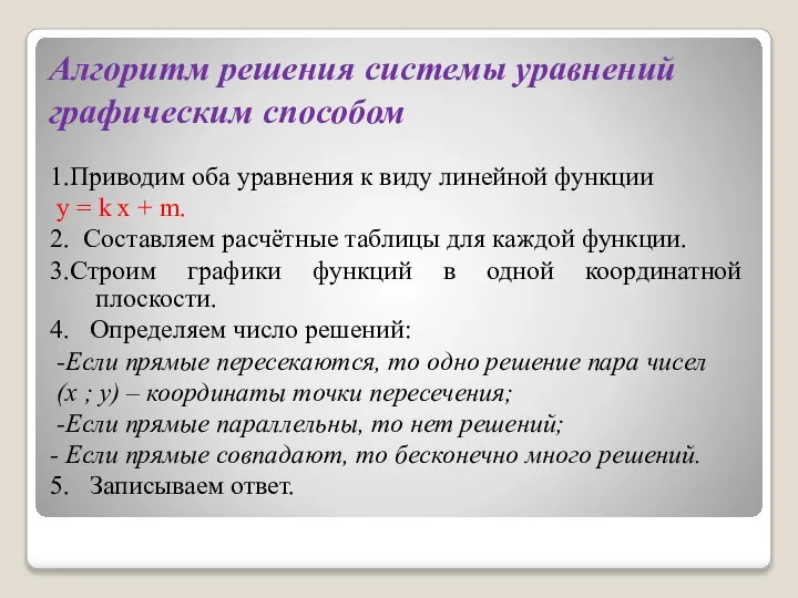 Алгоритм решения системы уравнений графическим способом 1.Приводим оба уравнения к виду