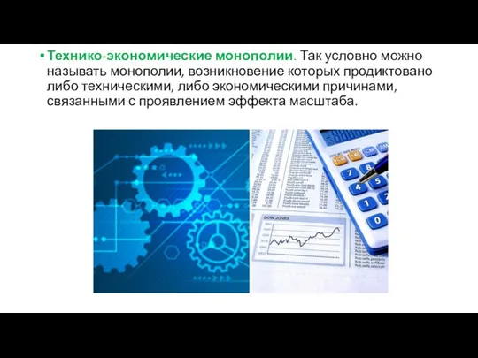 Технико-экономические монополии. Так условно можно называть монополии, возникновение которых продиктовано либо