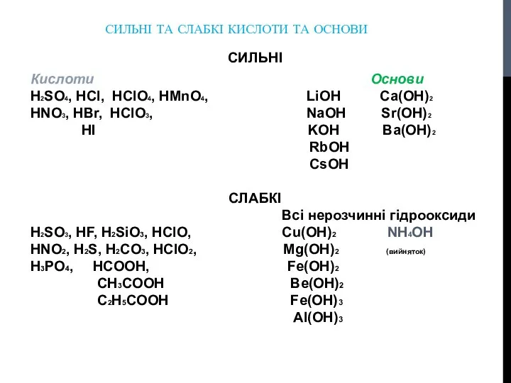 СИЛЬНІ ТА СЛАБКІ КИСЛОТИ ТА ОСНОВИ СИЛЬНІ Кислоти Основи H2SO4, HCl,