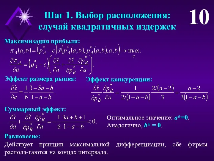 Шаг 1. Выбор расположения: случай квадратичных издержек 10 Максимизация прибыли: Эффект