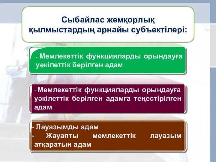 Сыбайлас жемқорлық қылмыстардың арнайы субъектілері: - Мемлекеттiк функцияларды орындауға уәкiлеттiк берілген