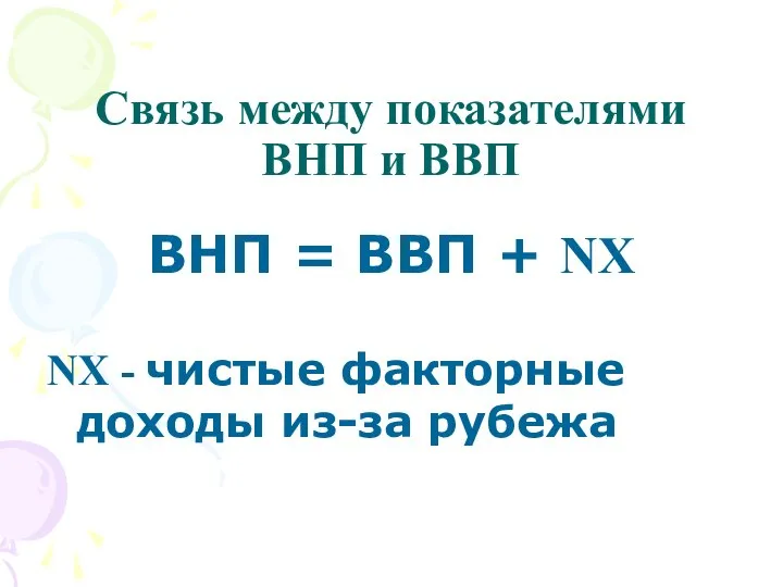 Связь между показателями ВНП и ВВП ВНП = ВВП + NX