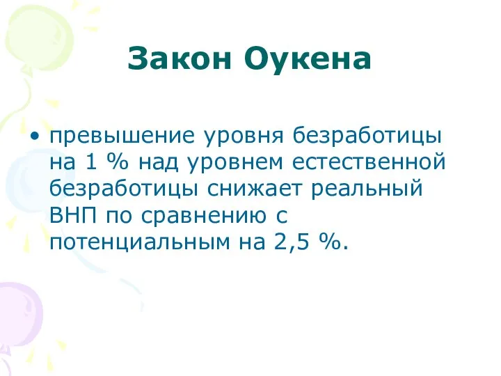 Закон Оукена превышение уровня безработицы на 1 % над уровнем естественной